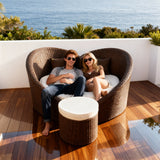 TYSF2598 Dark Brown Rattan Double Connected Egg-Shaped Lounge Chair Set with All-White Cushions & Side Table – Marbella Spain Coastal Terrace Luxury Private Outdoor Lounge Set