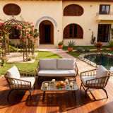 SFTZ2600 Natural Brown Wicker Outdoor Lounge Set with Light Grey Cushions & Artistic Glass Coffee Table – Stylish Patio Furniture