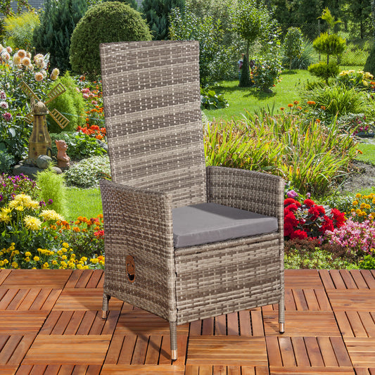 DTY250603 Grey-Brown Striped Wicker Adjustable High-Back Outdoor Lounge Chair with Grey Cushion – Garden Patio Weather-Resistant Reclining Leisure Chair