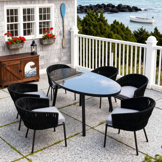 Black Woven New England Coastal Outdoor Dining Set with Light Grey Cushions & Oval Glass Dining Table – Stylish Patio Furniture