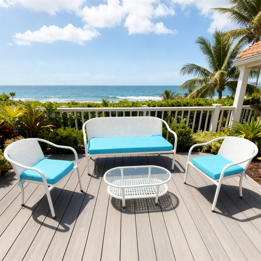White Wicker Outdoor Lounge Set with Turquoise Cushions & Glass Coffee Table – Stylish Patio Furniture