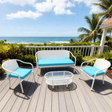 SFTZ258101 White Wicker Outdoor Lounge Set with Turquoise Cushions & Glass Coffee Table – Stylish Patio Furniture