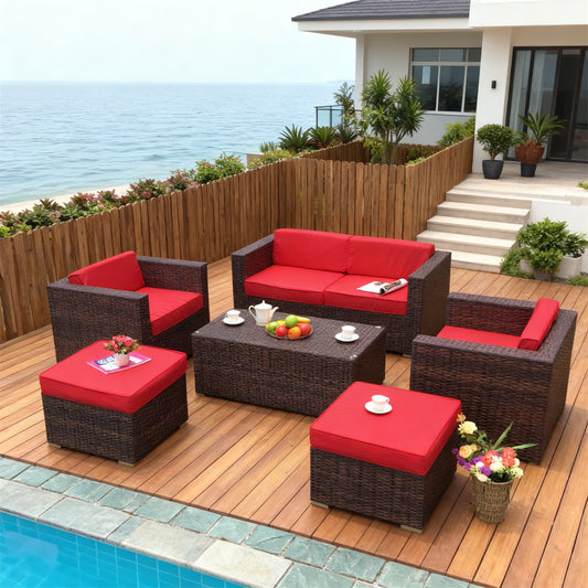 Dark Brown Wicker Outdoor Lounge Set with Red & Brown Cushions, Wicker Coffee Table & Ottomans – Stylish Patio Furniture