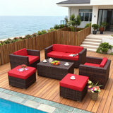 SFTZ256905 Dark Brown Wicker Outdoor Lounge Set with Red & Brown Cushions, Wicker Coffee Table & Ottomans – Stylish Patio Furniture