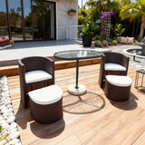 TBDS252504 Dark Brown Wicker California Modern Luxury Outdoor Multi-Functional Bistro Set with White Cushions & Glass Round Table (Marble Base + Ottomans)