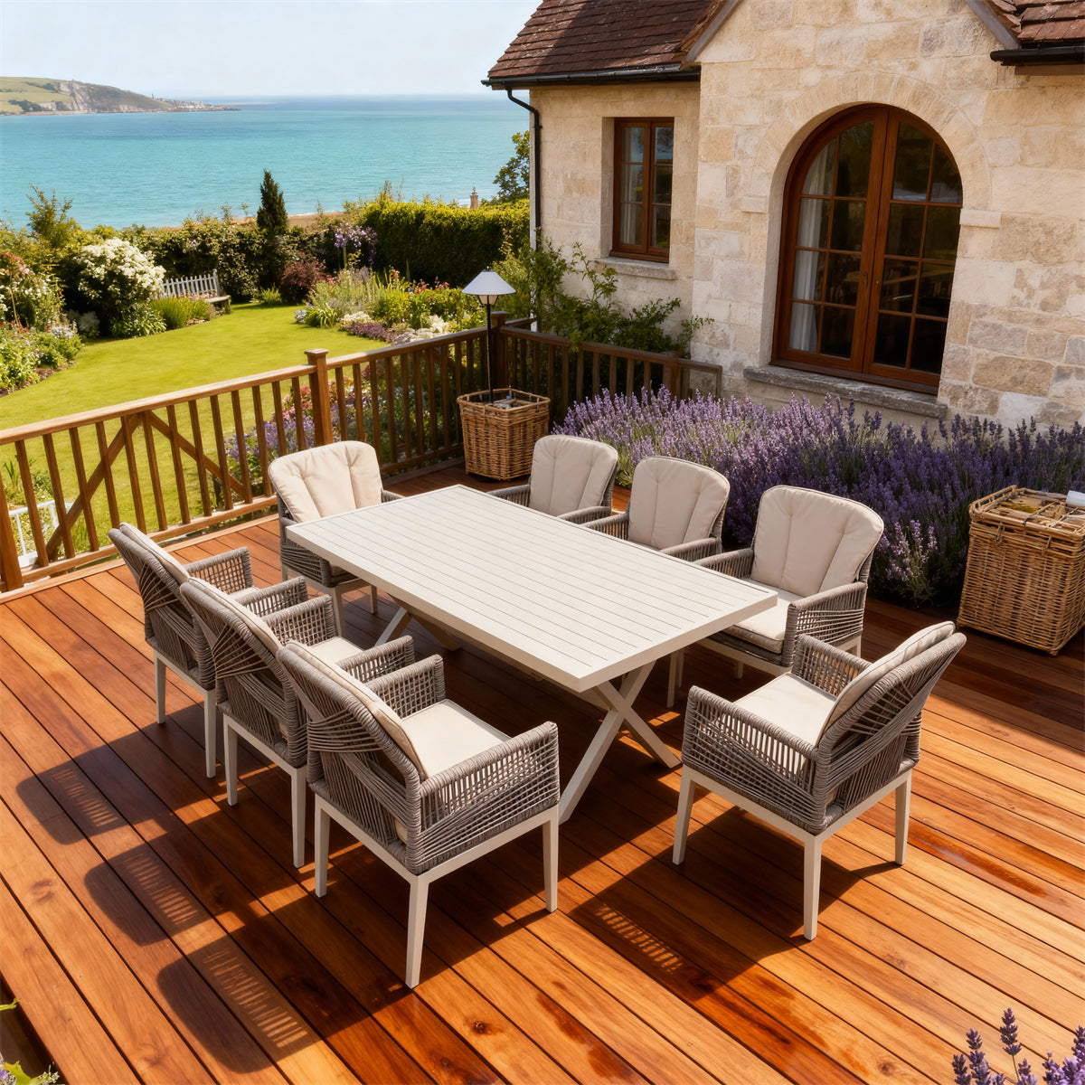 SFTZ260603 Light Grey Wicker Outdoor Dining Set with Beige Cushions – English Coastal Manor Patio 9-Piece Luxury Dining Furniture Set