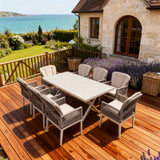 SFTZ260603 Light Grey Wicker Outdoor Dining Set with Beige Cushions – English Coastal Manor Patio 9-Piece Luxury Dining Furniture Set