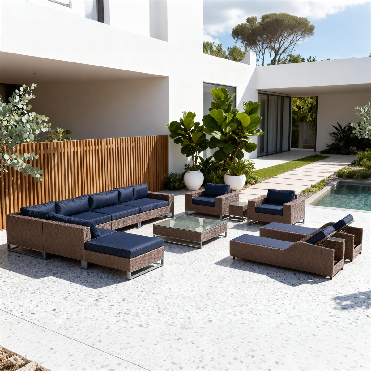 Dark Brown Wicker Modular Outdoor Lounge Set with Navy Cushions, Glass Coffee Table & Chaise Lounges – Luxury Patio Furniture