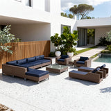 SFTZ259202 Dark Brown Wicker Modular Outdoor Lounge Set with Navy Cushions, Glass Coffee Table & Chaise Lounges – Luxury Patio Furniture