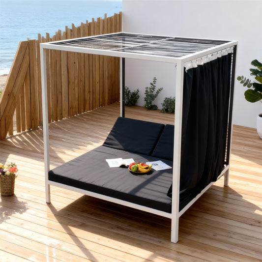 TYSF2510 White Frame 4-Poster Outdoor Daybed with Curtains & Black Cushions – Santorini Coastal Terrace Luxury Private Outdoor Canopy Daybed