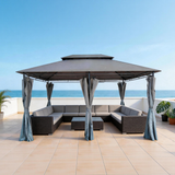 PGL2406 Large Double-Tier Dark Grey Patio Gazebo with Privacy Curtains –Outdoor Canopy for Coastal Deck & Backyard