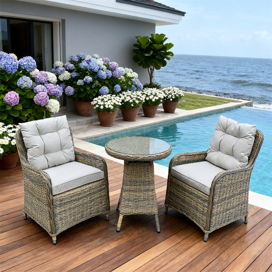 TBDS251804-2S Light Grey Woven Wicker Coastal Luxury Outdoor Bistro Set with Light Grey Tufted Cushions & Glass Round Table – Stylish Patio Furniture