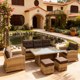 SFTZ2602 Natural Brown Wicker Outdoor Dining & Lounge Set with Dark Brown Cushions, Glass Dining Table & Storage Ottomans – Stylish Patio Furniture