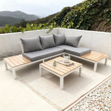 WLSF2506 White Aluminum Frame Light Wood Top L-Shaped Outdoor Sectional Sofa Set with Coffee Table & Ottomans – Mykonos Greece Coastal Terrace Modern Luxury Outdoor Furniture Set