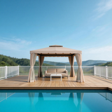 PGL2402 Beige Double-Tier Gazebo with Privacy Curtains – Outdoor Patio Canopy for Poolside & Deck