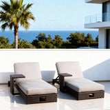 TYSF2595 Black Rattan Double Armrest Outdoor Sun Lounger Set with Light Grey Cushions – Ibiza Spain Coastal Terrace Luxury Relaxed Outdoor Sun Lounger Set