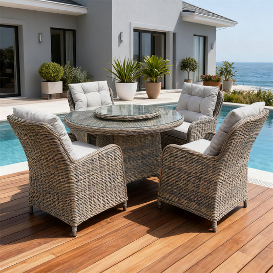TBDS251804-4S Light Grey Woven Wicker Coastal Luxury Outdoor Dining Set with Light Grey Tufted Cushions & Glass Lazy Susan Round Table – Stylish Patio Furniture