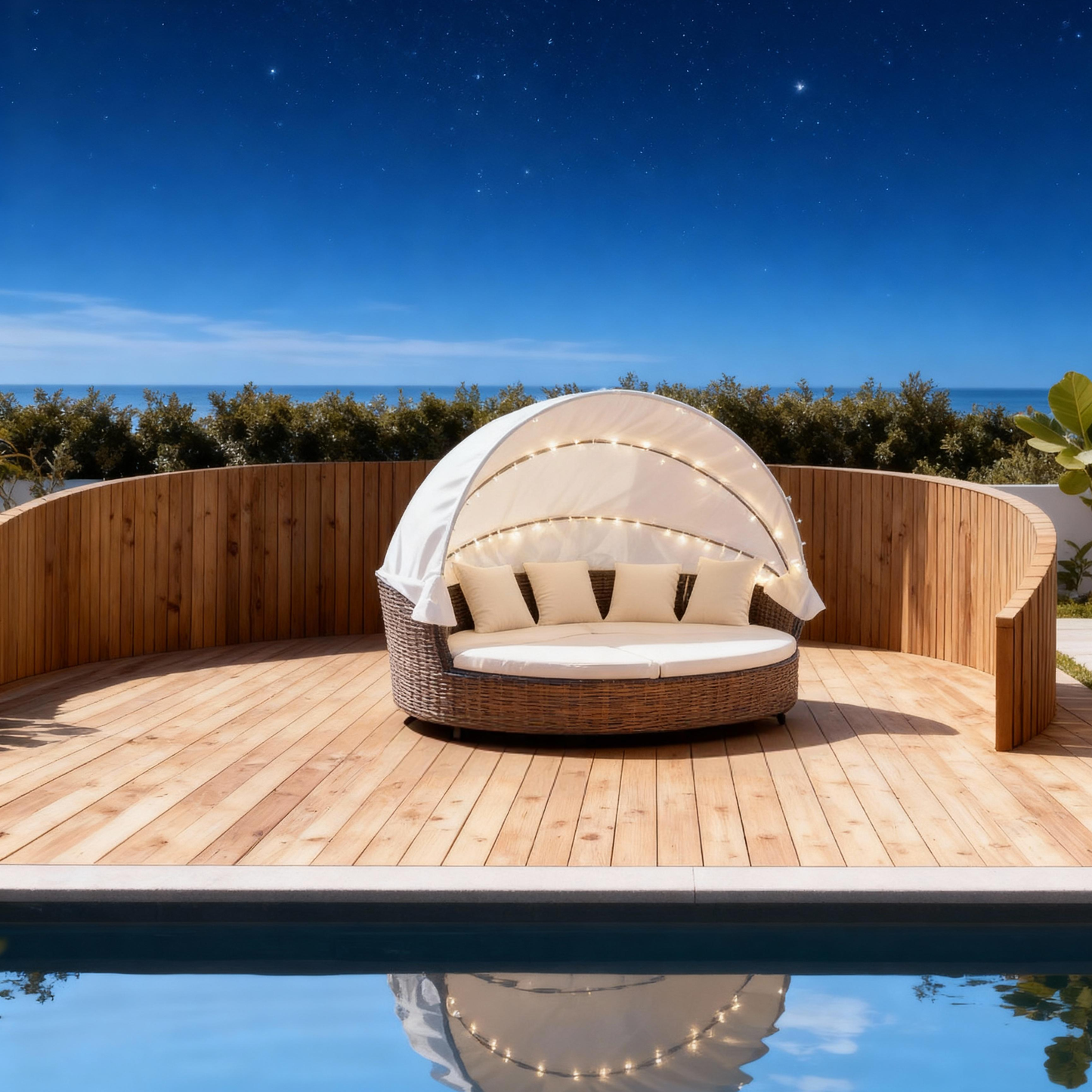 TYSF2515 Brown Rattan Circular Outdoor Daybed with Canopy String Lights & Cream Cushions – Maui Hawaii Coastal Pool Terrace Luxury Day-Night Outdoor Canopy Daybed