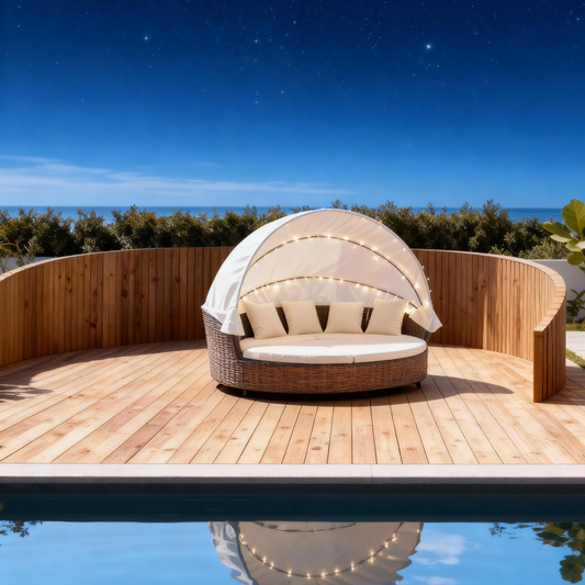 TYSF2515 Brown Rattan Circular Outdoor Daybed with Canopy String Lights & Cream Cushions – Maui Hawaii Coastal Pool Terrace Luxury Day-Night Outdoor Canopy Daybed