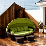 TYSF2551 Black Rattan Shell-Shaped Outdoor Sofa Set with Green Canopy, Ottomans & Matching Cushions – Mahé Seychelles Coastal Terrace Luxury Private Outdoor Canopy Sofa Set