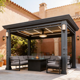 PGL2511 Luxury Black Aluminum Louvered Pergola with LED & Lantern Lights – Premium Outdoor Patio Shade Structure for Mediterranean Backyards