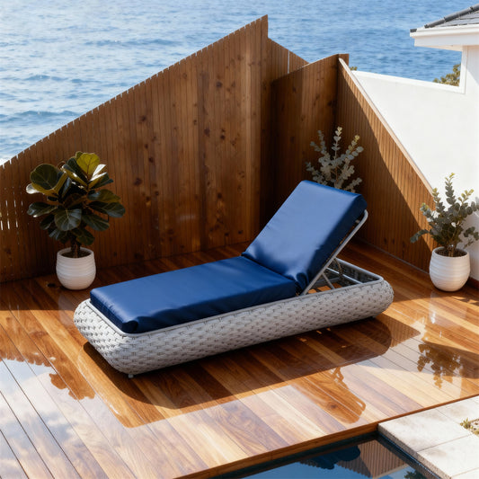 TYSF2541 Grey Rattan Curved Adjustable Outdoor Sun Lounger with Navy Cushions – Cape Town South Africa Coastal Terrace Luxury Outdoor Reclining Sunbed
