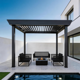 PGL2508 Modern Black Aluminum Pergola with Adjustable Louvered Roof – Minimalist Outdoor Patio Shade Structure for Poolside & Backyard