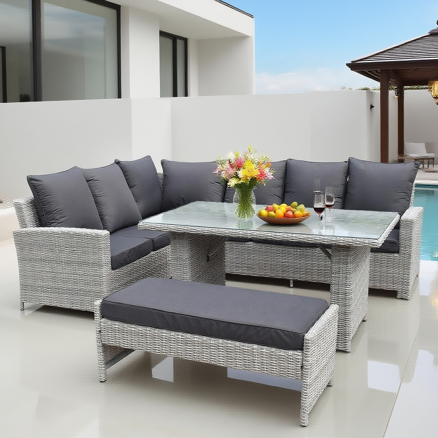 Light Grey Wicker L - Shaped Outdoor Sectional Sofa Set with Glass Dining Table & Ottoman