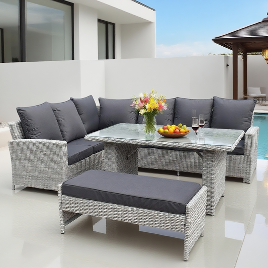 Light Grey Wicker L - Shaped Outdoor Sectional Sofa Set with Glass Dining Table & Ottoman