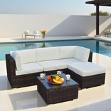 SFTZ2504 Dark Brown Wicker L - Shaped Outdoor Sectional Sofa Set with Glass Coffee Table