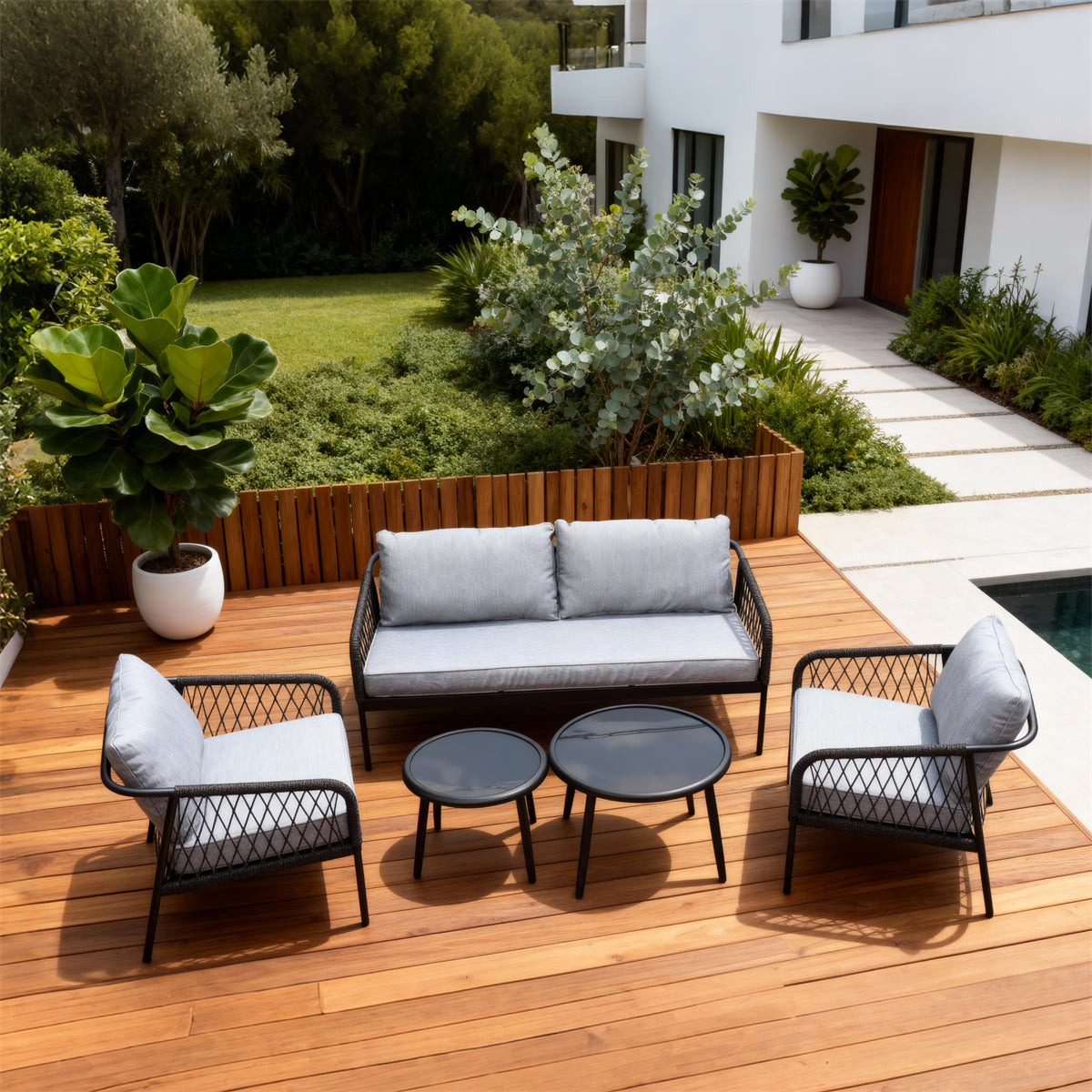 Dark Grey Woven Outdoor Lounge Set with Light Grey Cushions & Round Coffee Tables – Stylish Patio Furniture