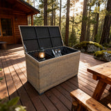 RSB2512 Natural Rattan Outdoor Storage Box – Rustic Cabin Patio Deck Box with Hydraulic Lid & Wheels