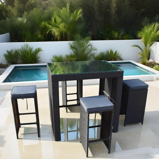 BTY2501 Black Wicker Modern Poolside Luxury Outdoor Bar Set (4-Piece) with Dark Grey Cushions & Black Glass High Table