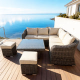 SFTZ2647 Grey Rattan L-Shaped Outdoor Lounge Set with Cream Cushions – Bergen Coastal Cliff-Top Villa Patio 5-Piece Luxury Outdoor Social Furniture Set