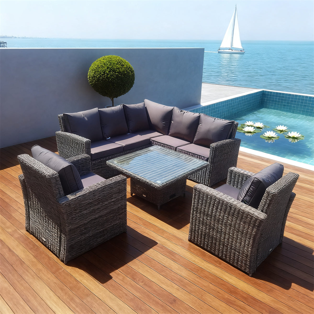 Grey Wicker Outdoor Lounge Set with Glass Coffee Table – Stylish Patio Furniture
