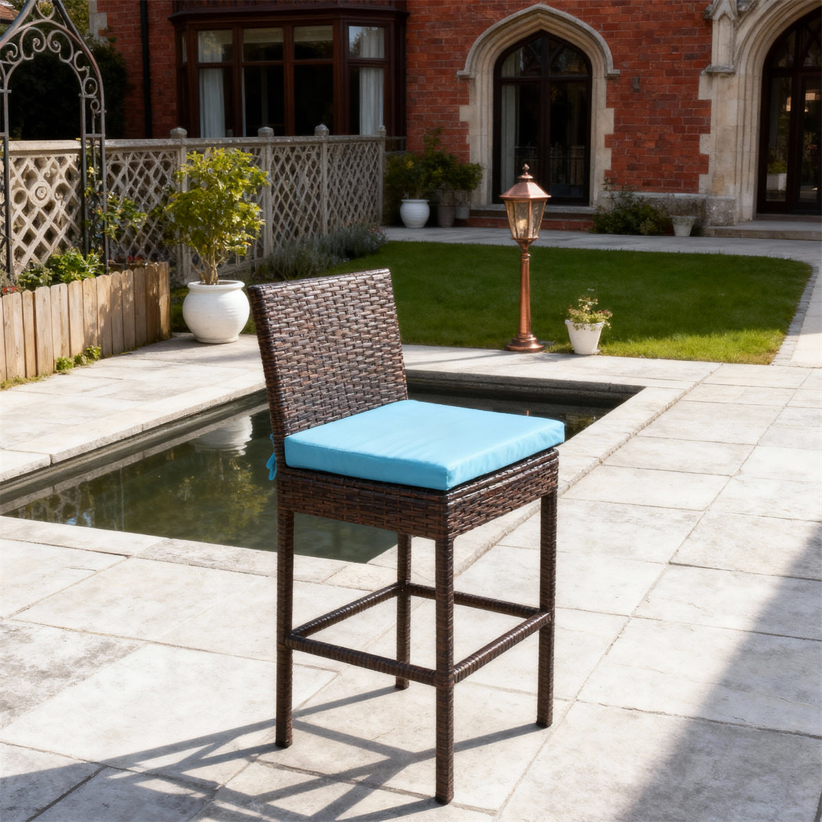 DTY2519 Brown Wicker Outdoor Bar Stool with Bright Blue Cushion – English Manor Courtyard Weather-Resistant High-Back Bar Chair