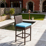 DTY2519 Brown Wicker Outdoor Bar Stool with Bright Blue Cushion – English Manor Courtyard Weather-Resistant High-Back Bar Chair