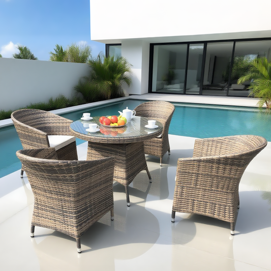 TBDS250402 Light Grey Mixed Brown Wicker Modern Luxury Outdoor Dining Set with Cream Cushions & Clear Glass Round Dining Table – Stylish Patio Furniture