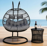 SWC2645 2 Seater Black Wicker Hanging Egg Chair with Stand & Grey Cushion – Coastal Patio Double Swing Lounge Chair Set