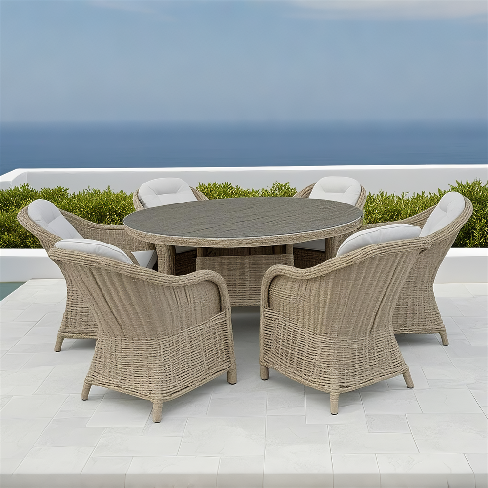 TBDS2509162 BROWN Light Beige Wicker Mediterranean Luxury Outdoor Dining Set with Cream Cushions & Dark Stone Round Dining Table – Stylish Patio Furniture
