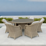 TBDS2509162 BROWN Light Beige Wicker Mediterranean Luxury Outdoor Dining Set with Cream Cushions & Dark Stone Round Dining Table – Stylish Patio Furniture