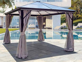 PGL2520 Black Frame Polycarbonate Hardtop Gazebo with Grey Privacy Curtains – Outdoor Patio Pavilion for Poolside & Backyard