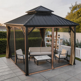 PGL2519 Black Double-Tier Hardtop Gazebo with Mosquito Netting & Privacy Curtains – Outdoor Patio Pavilion for Backyard & Deck
