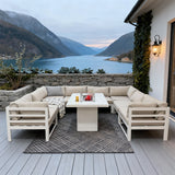 WLSF2539 White Aluminum U-Shaped Outdoor Dining & Lounge Set with Fire Pit Table – Norwegian Fjord Patio Set