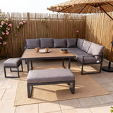 WLSF2520 Dark Grey Metal L-Shaped Outdoor Sectional with Dining Table, Ottomans & Umbrella – Provence Countryside Patio Furniture Set