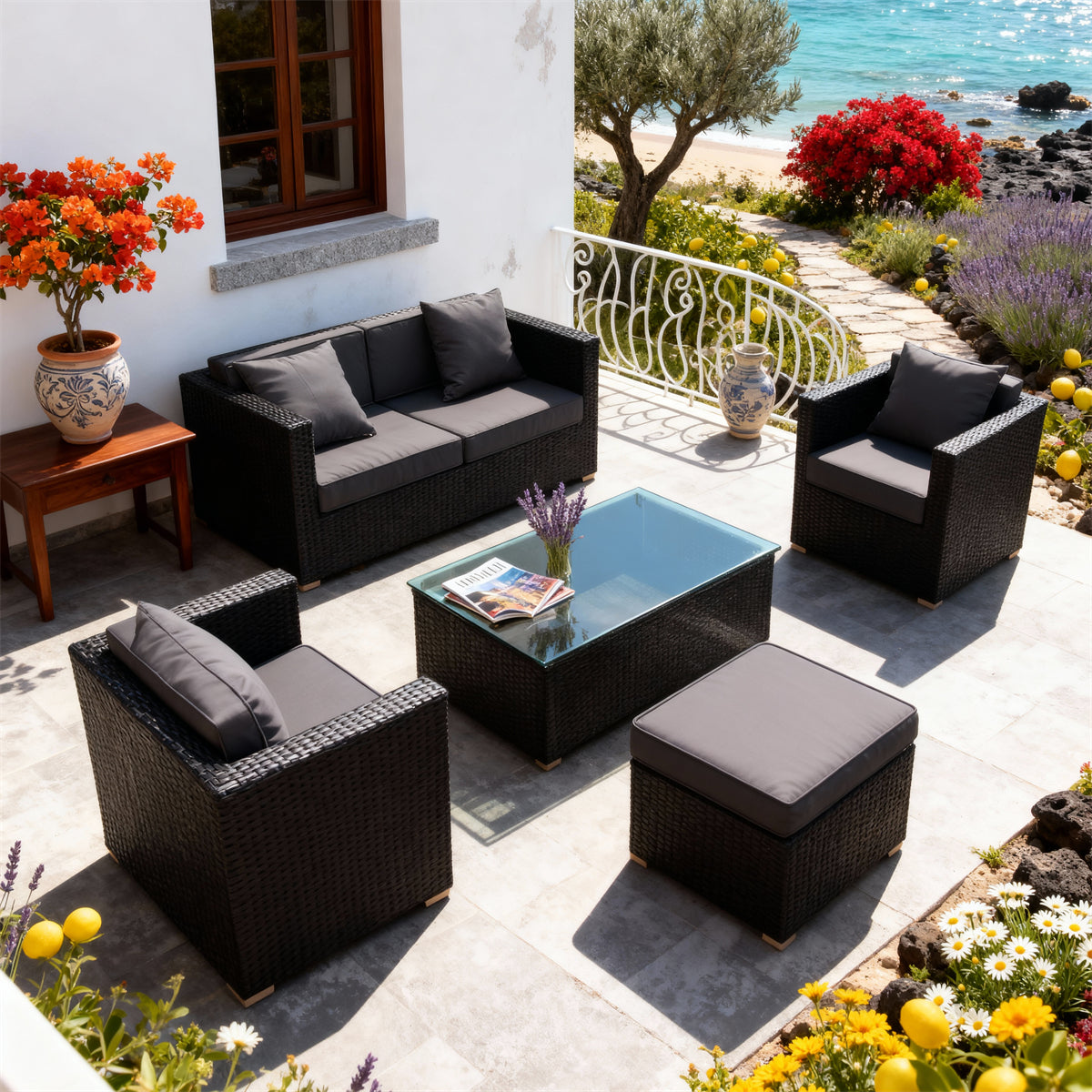 SFTZ261201 All-Black Wicker Outdoor Lounge Set with Dark Grey Cushions – Greek Santorini Coastal Villa Patio Luxury Social Furniture Set