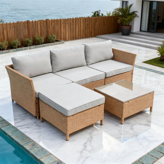 Light Brown Wicker Outdoor Sectional Set with Light Grey Cushions, Glass Coffee Table & Ottoman – Stylish Patio Furniture