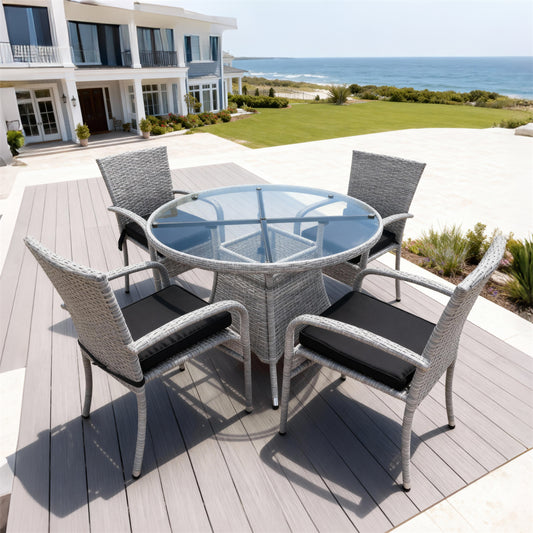 TBDS2523 Light Grey Wicker Modern Coastal Luxury Outdoor Dining Set with Black-Grey Cushions & Clear Glass Round Table – Stylish Patio Furniture