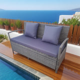 SFTZ2638 Grey Wicker Outdoor Loveseat with Deep Purple Cushions – Mykonos Pool Cliff Terrace Luxury Outdoor 2-Seater Sofa