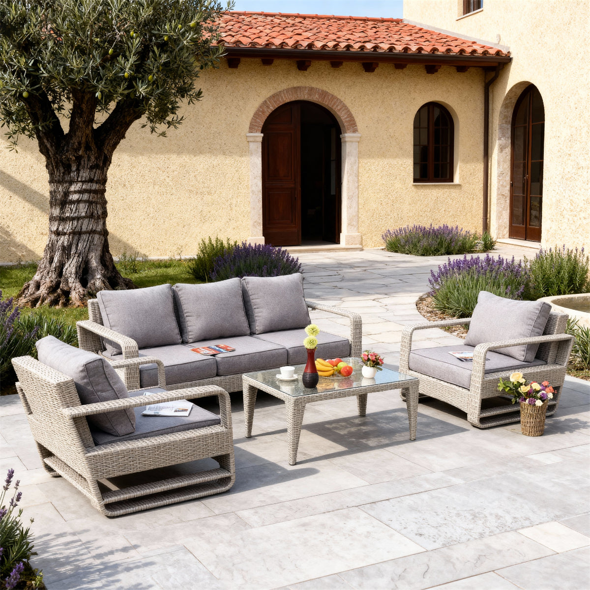 Light Grey Wicker Outdoor Lounge Set with Dark Grey Cushions & Glass Coffee Table – Stylish Patio Furniture